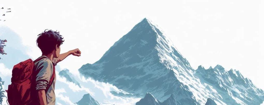 A boy fist bumping the air, looking at a mountain in the far distance