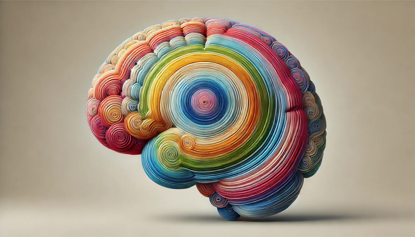 A side view of a brain, but instead of traditional anatomical details, the brain is made up of concentric circles. Each concentric circle has its own distinct color, creating a vibrant, abstract representation. The circles are evenly spaced and gradually decrease in size towards the center, resembling a topographical map. The background is plain to emphasize the colorful brain design. Extend the background canvas into a landscape format with a 16:9 aspect ratio, maintaining the simplicity to highlight the brain artwork.