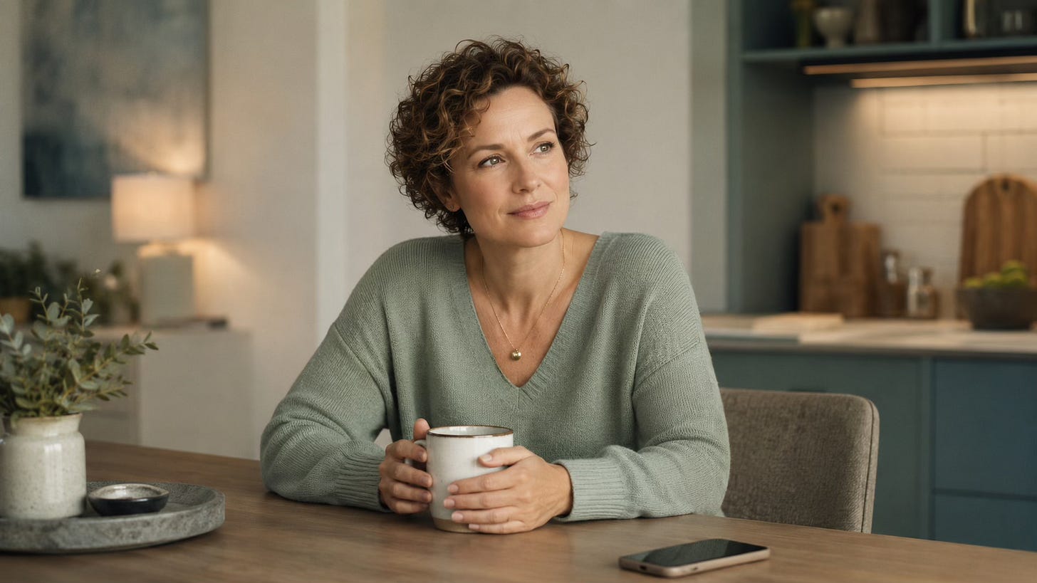 Woman sitting quietly beside a phone and warm mug, reflecting on relationship anxiety and emotional uncertainty.