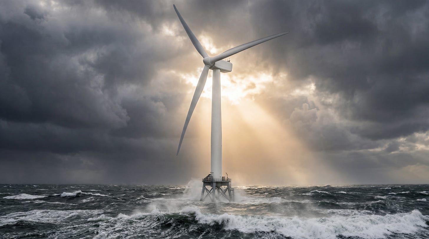 AI-generated image of offshore wind turbine in rough sea, with sunlight breaking through heavy cloud.