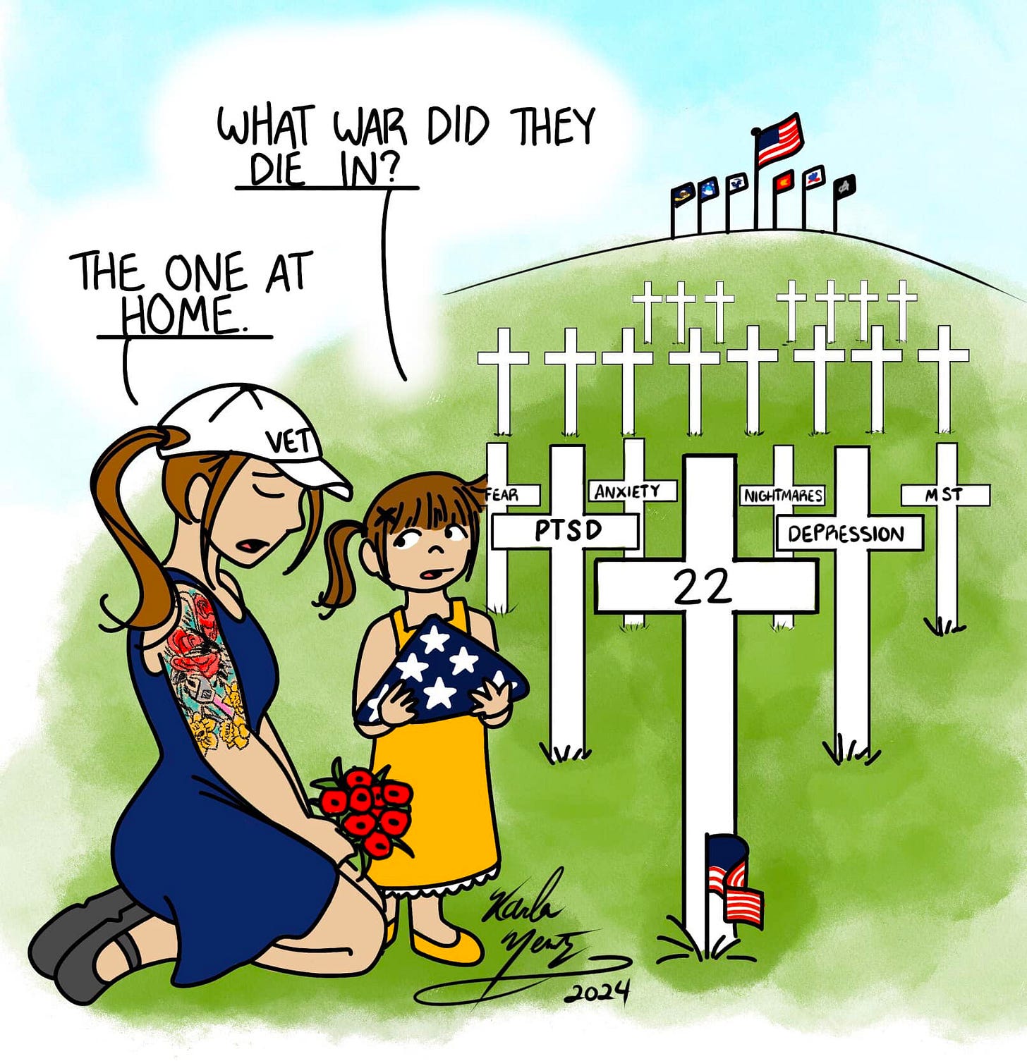 May be an illustration of ‎text that says '‎WHAT WAR DID THEY DIEIN? DIE IN? THE ONE AT HOME PeeFeRP 十十十 ttt.tttt tttt VET ANXIETY FEAR PTSD 22 MAGHTMARES DEPRESSION 十 M 樂 haک tah tanh yUt 2024‎'‎