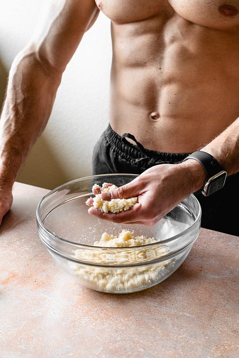 Shirtless man in black pants makes vegan lemon curd step-by-step process shots