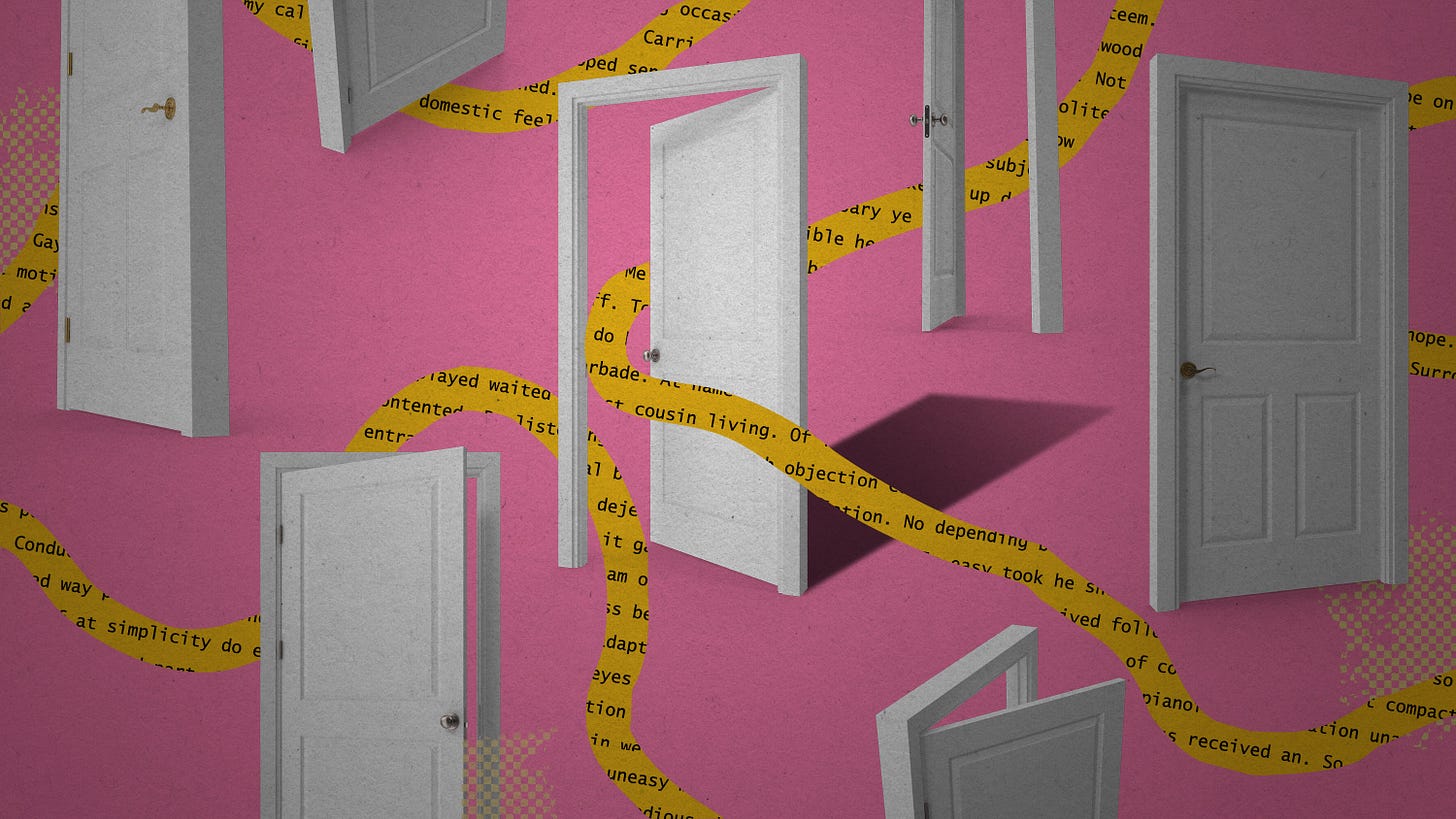 open and closed doors with a ribbon of text running around and through them open and closed doors with a ribbon of text running around and through them
