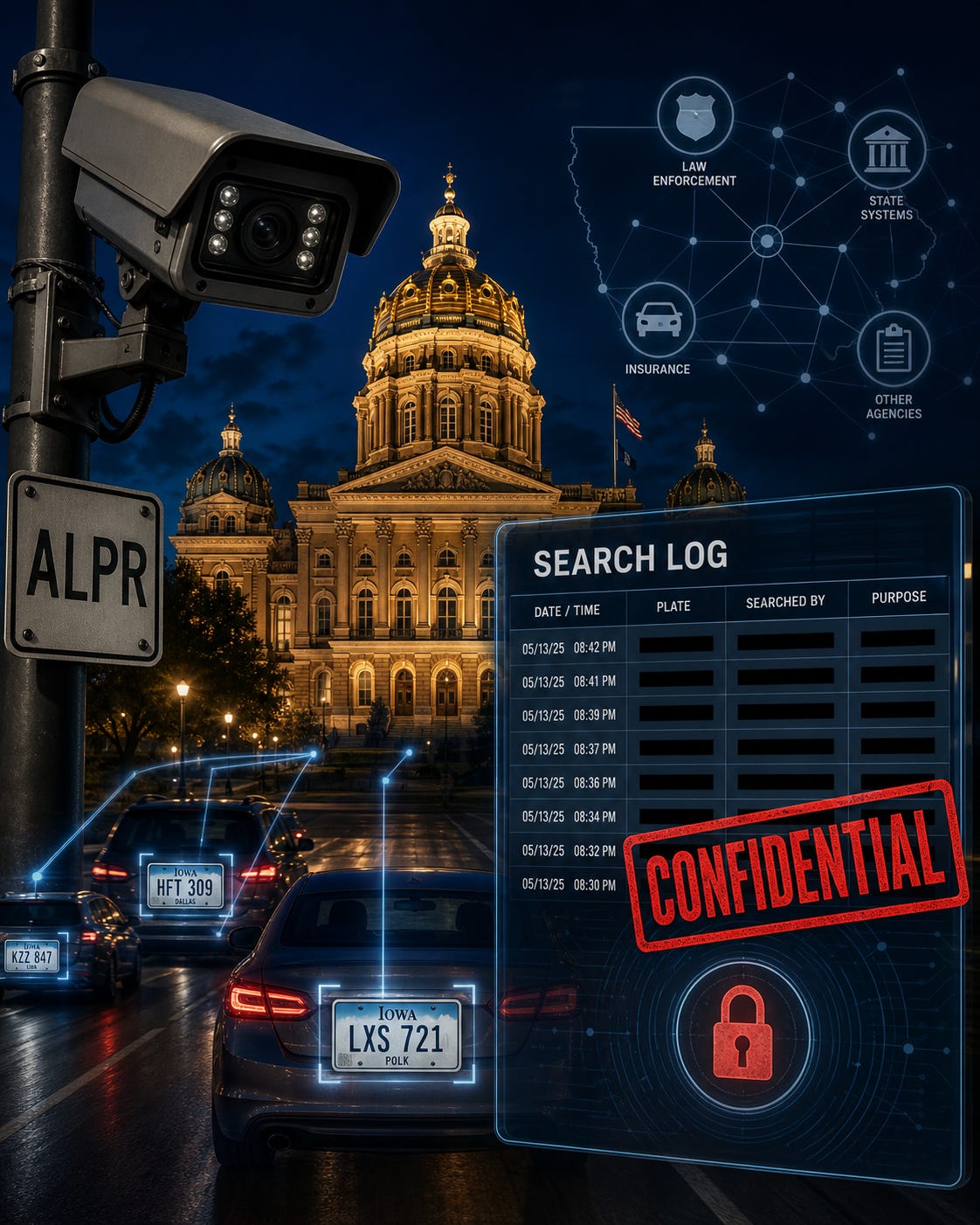 A dark, cinematic illustration of the Iowa Capitol at night, glowing under surveillance lights. License-plate reader cameras and blue scanning beams point toward cars below while a large hidden logbook or records file suggests that ALPR data is being collected but kept from public view. A dark, cinematic illustration of the Iowa Capitol at night, glowing under surveillance lights. License-plate reader cameras and blue scanning beams point toward cars below while a large hidden logbook or records file suggests that ALPR data is being collected but kept from public view.
