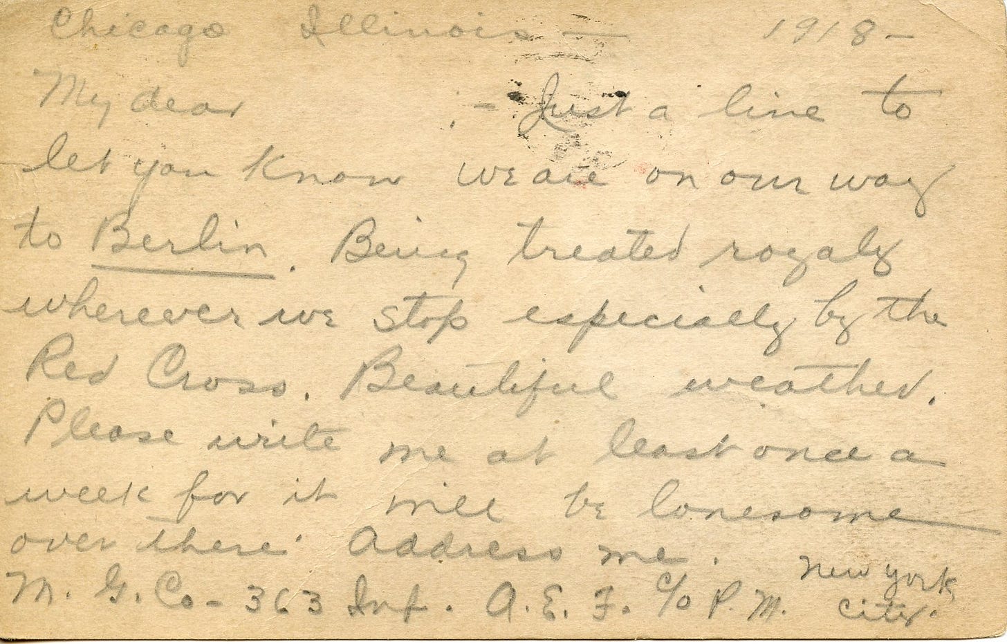 A member of the 363rd Infantry's Machine Gun Co. sent this postcard from Chicago while heading to France. A member of the 363rd Infantry's Machine Gun Co. sent this postcard from Chicago while heading to France.