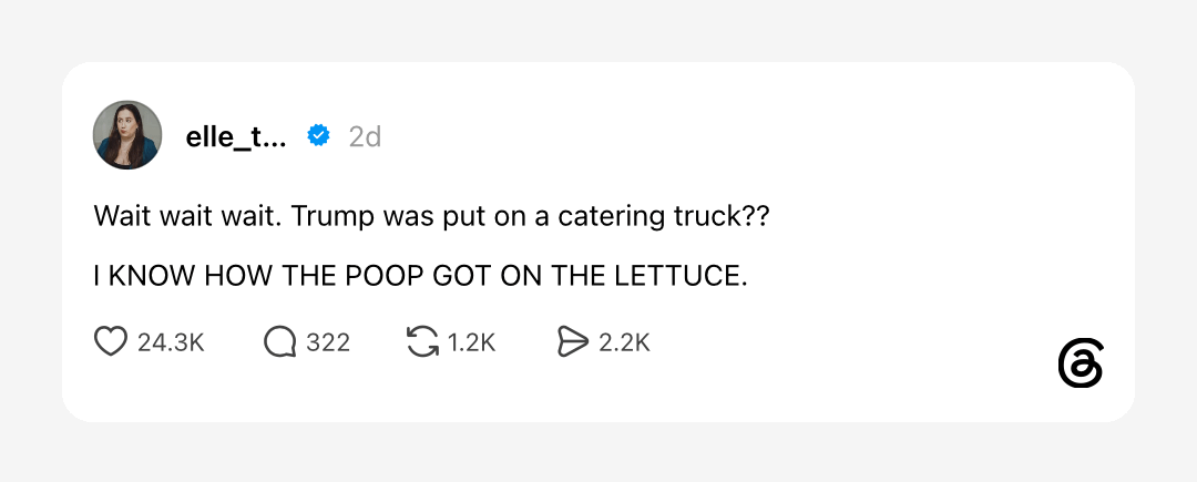 Wait wait wait. Trump was put on a catering truck? I KNOW HOW THE POOP GOT ON THE LETTUCE. Wait wait wait. Trump was put on a catering truck? I KNOW HOW THE POOP GOT ON THE LETTUCE.