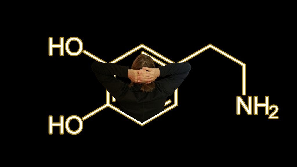 the chemical structure of dopamine with 2 hydroxy groups and one amino group on a ring structure. the chemical structure of dopamine with 2 hydroxy groups and one amino group on a ring structure.