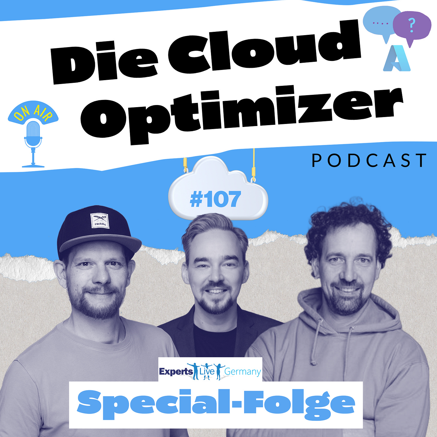 Cover zur Secial-Folge von DIe Cloud Optimizer mit Gast, Konstantin der in der Mitte zu sehen ist. Links Matthias, der gmeinsam mit Konstantin auf der Experts Live  Germany 2025 in Leipzig war. Beider berichten wie es dort war. Konstantin als Teilnehmer, Matthias als Speaker. Rechts auf dem Cover, Christ der heute Moderator der Folge.