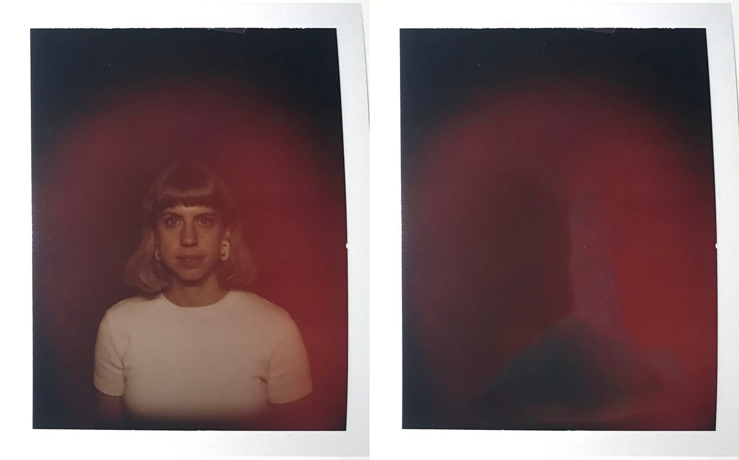 Left: An aura photograph of Zsofi with a bob, wearing a white short-sleeved shirt. Her mouth is parted and her brow is furrowed. The aura captured is all red. Right: the same photograph but Zsofi is removed, leaving only the red.