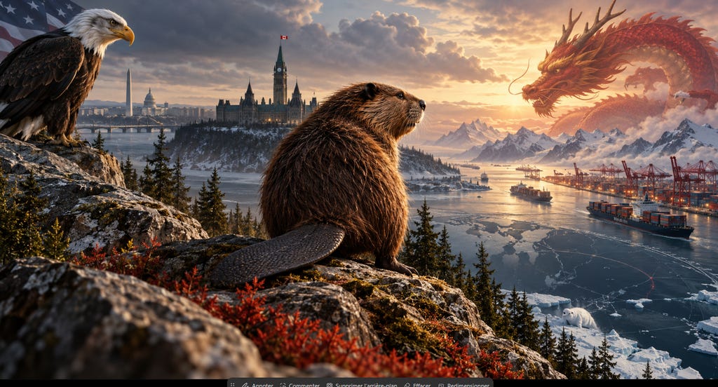 Image actuelle : Un castor canadien entre un aigle américain et un dragon chinois, symbolisant le repositionnement stratégique du Canada entre les États-Unis et la Chine.