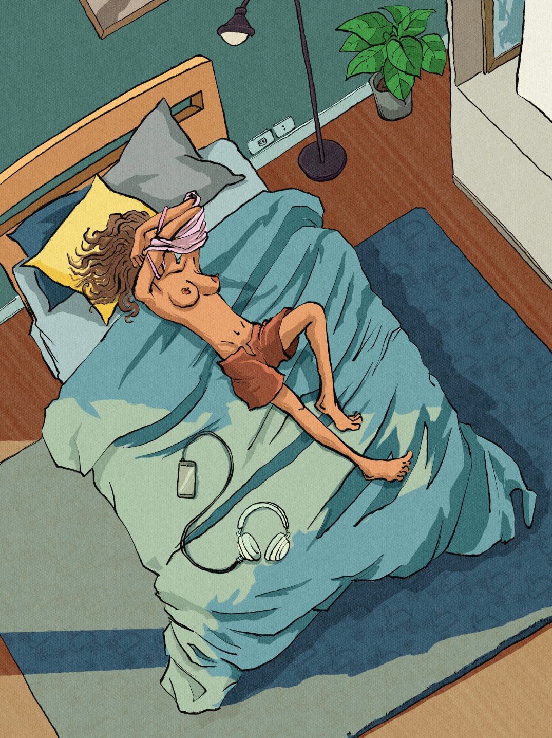The woman is now viewed from a closer top-down perspective as she removes her tank top, lifting it over her head. Her bare torso and breasts are exposed, catching the thin, warm stripes of sunlight from the blinds. The dark tank top is discarded on the bed next to her phone, and the scene conveys a sense of breathing in and letting go.