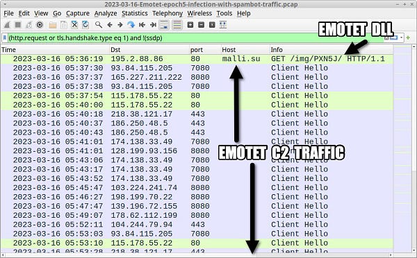 Wireshark pcap showing the Emotet DLL and the Emotet C2 traffic
