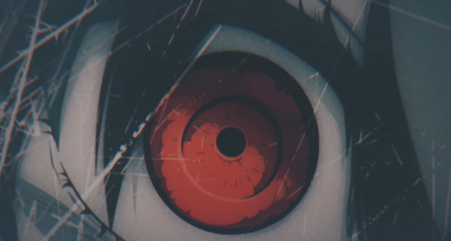 An extreme closeup of Unika's red eye. The rest of her is tinted grey.