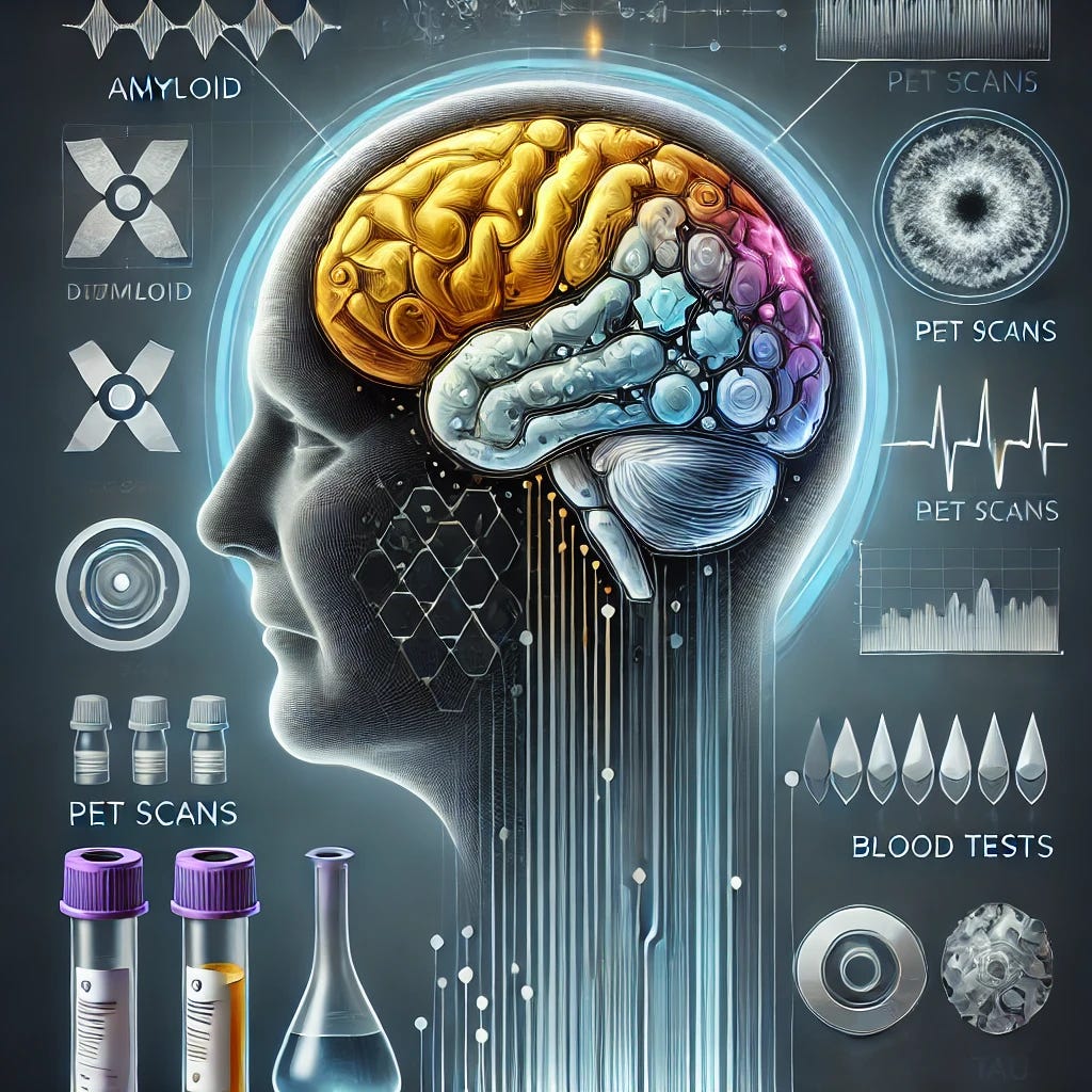 An artistic representation of Alzheimer's disease detection through biomarkers. The image features a human brain with highlighted areas representing amyloid and tau deposits. Various high-tech medical tools like PET scans and blood tests are illustrated around the brain, indicating advanced diagnostic methods. The background shows a transition from a dark to light gradient, symbolizing the shift from disease to potential treatment. The overall style is futuristic and scientific, with clean lines and a modern aesthetic.