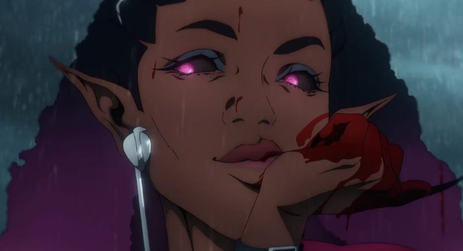 A screen capture of Castlevania character Drolta holding a bloody hand to her mouth.