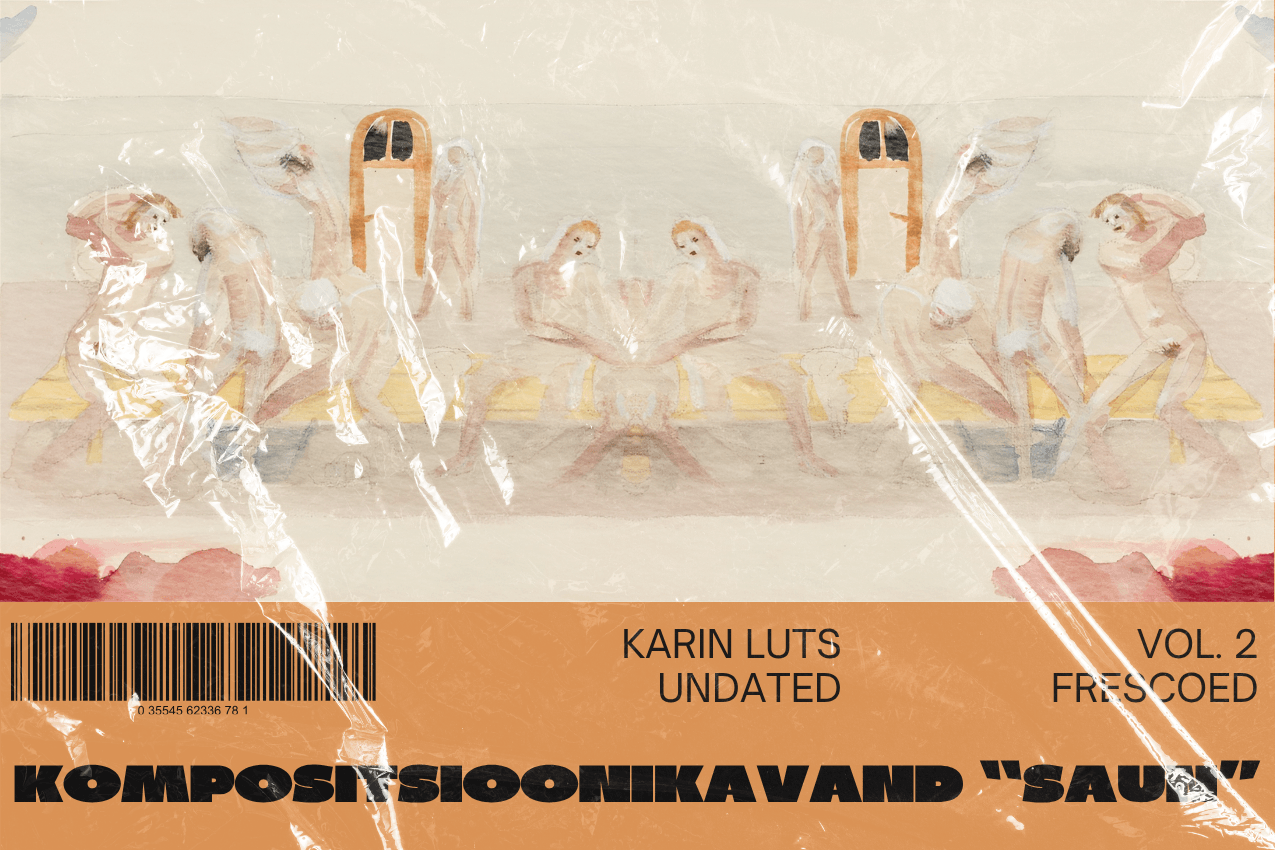 Title card featuring a matte, textured print of Karin Luts’ undated watercolor sketch, “Kompositsioonikavand 'Saun',” depicting mirrored, nude figures in warm flesh tones and soft red washes. Below, a solid orange band displays a barcode and clean typography reading the title, the artist's name, and “VOL. 2”. The entire image is encased in crinkled, reflective plastic shrink-wrap. Part of the Frescoed series at The Subtext Review.