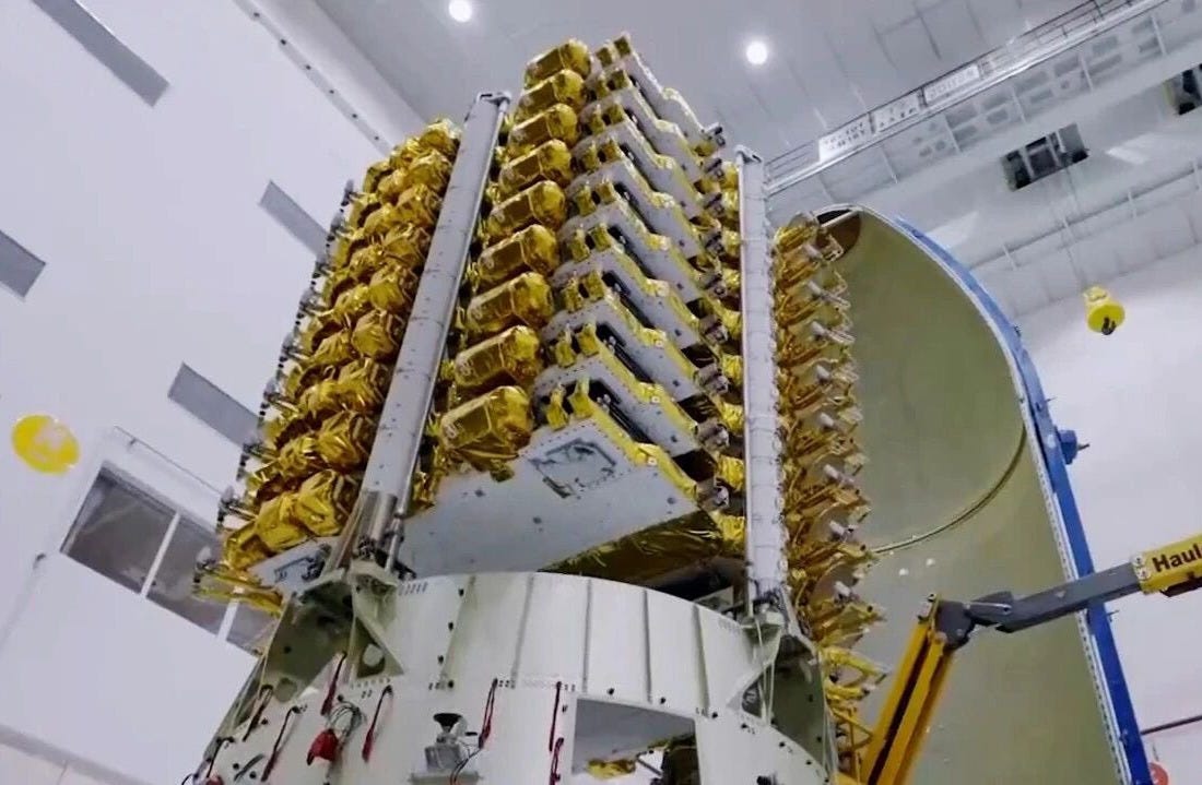A group of eighteen Qianfan satellites during fairing encapsulation with a Long March vehicle in the first half of 2026.