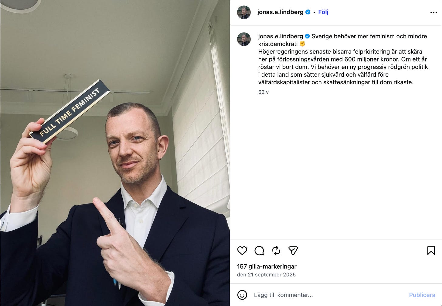 jonas lindberg vänsterpartiet feminist
