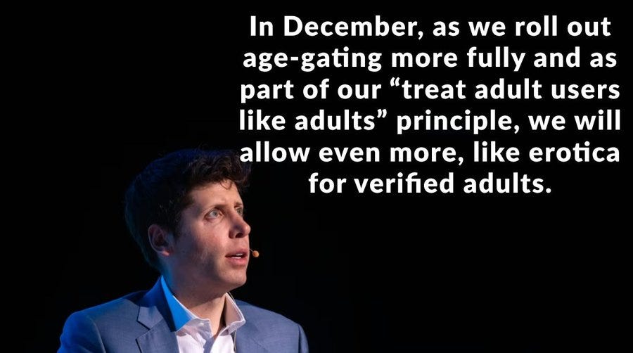 A man in a light blue suit and white shirt stands at a podium speaking into a microphone, with a blurred dark background. The overlay text reads: In December, as we roll out age-gating more fully and as part of our treat adult users like adults principle, we will allow even more, like erotica for verified adults.