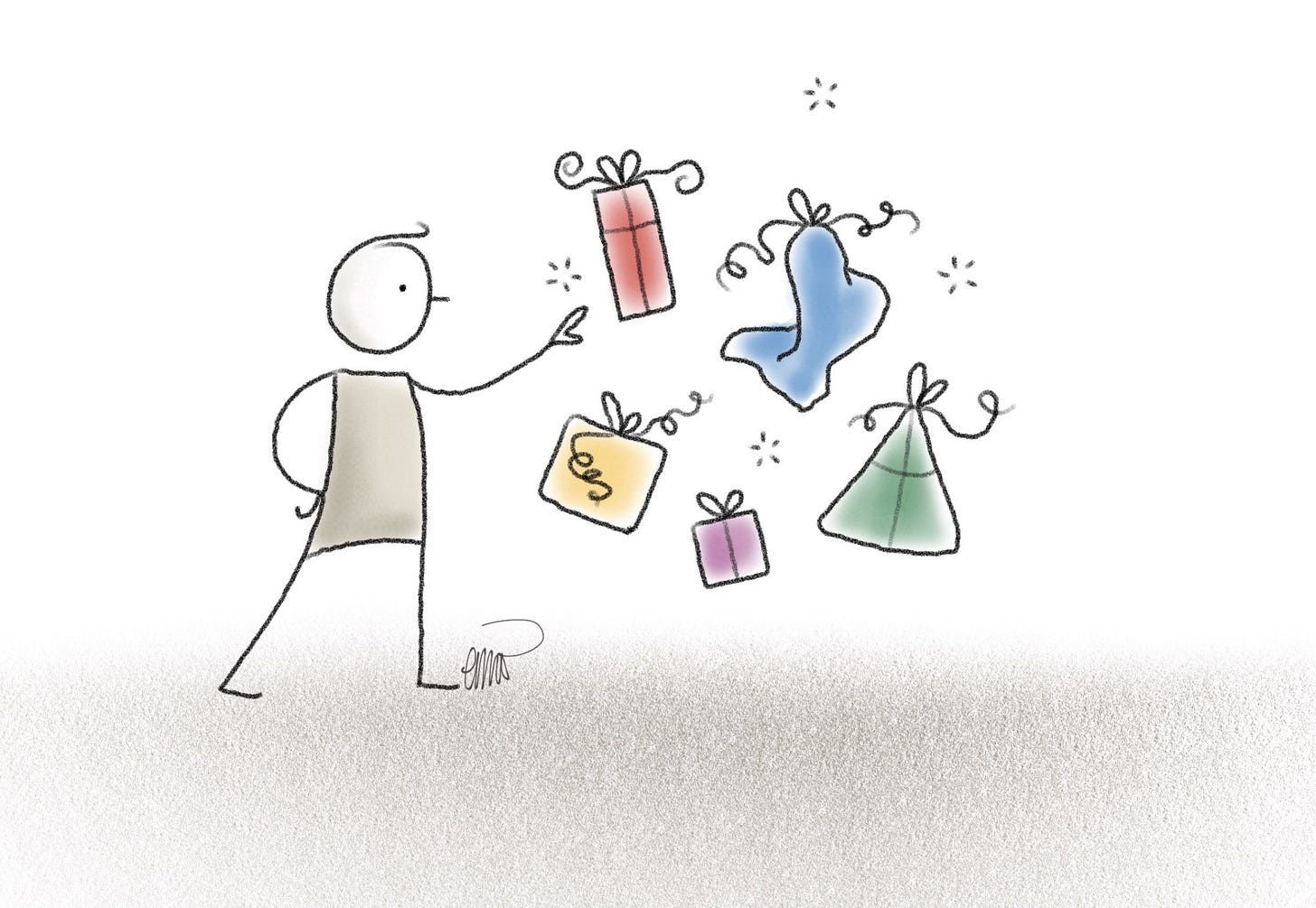 Cartoon drawing of a stick figure reaching for one of five gifts that are floating in the air in front of them.