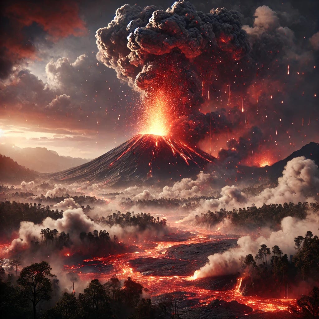 A realistic and dramatic scene of an erupting volcano with lava flowing down the sides, ash clouds billowing into the sky, and molten rocks being ejected into the air. The sky is dark with a red and orange glow from the eruption, and the surrounding landscape shows trees and vegetation affected by the heat and falling ash. The overall atmosphere is intense and powerful, capturing the raw force of nature.