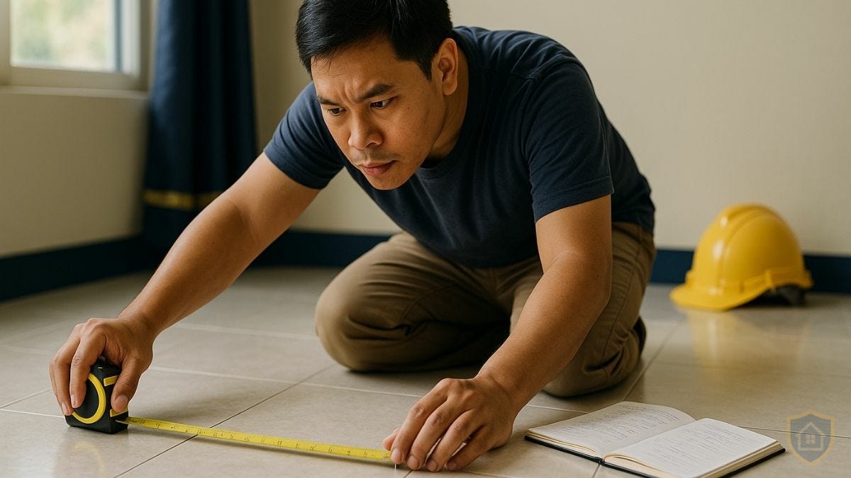 Filipino homeowner in navy shirt kneeling on tiled floor measuring with yellow tape measure, notebook with calculations beside him, yellow hard hat in background, natural home lighting