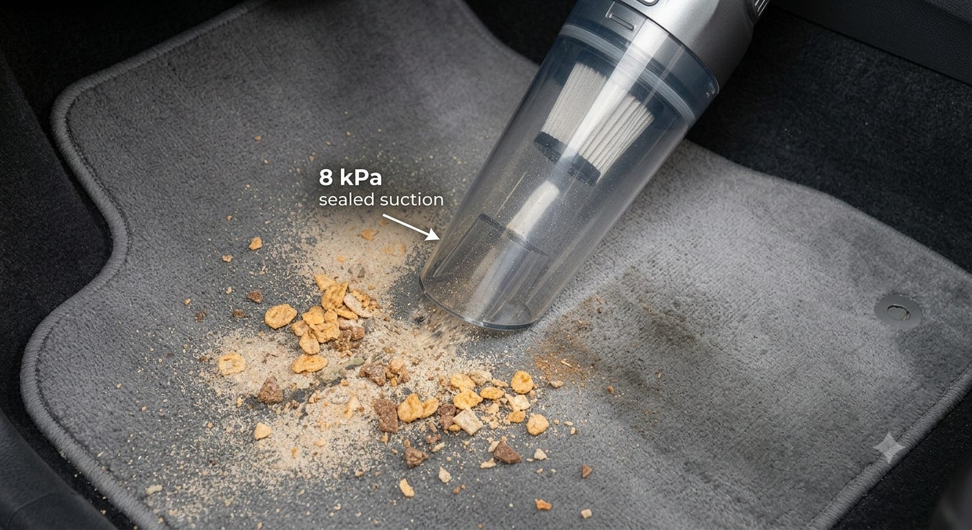 Car vacuum nozzle pulling embedded debris from a floor mat at 8 kPa suction level Car vacuum nozzle pulling embedded debris from a floor mat at 8 kPa suction level
