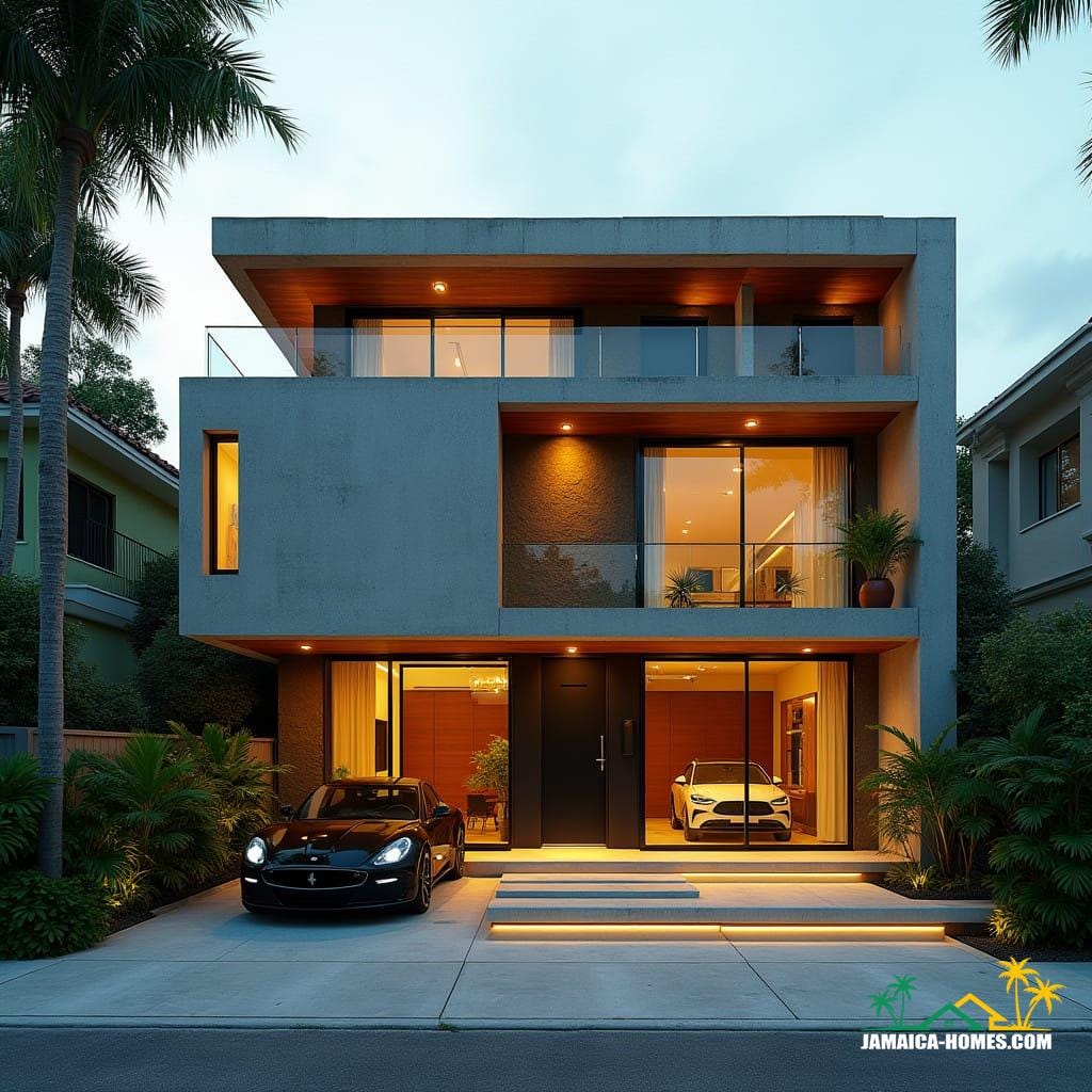 A sleek, modern townhouse in Kingston, Jamaica, with a dynamic façade combining rough-hewn concrete, rich wood paneling, and gleaming glass balconies. Grand entrance features a minimalist steel and glass door, set against a backdrop of lush tropical landscaping and accented by warm, recessed lighting. Bold, protruding concrete windows add a futuristic touch, while luxury cars sit parked in the driveway. Atmosphere is vibrant and electric, distilling the essence of upscale urban living in Jamaica's capital. Inspired by the dramatic lighting of cinematographer Emmanuel Lubezki, with a color palette reminiscent of the works of photographer Gregory Miller, and the atmospheric intensity of filmmaker Denis Villeneuve. Shot on 35mm film, with a cinematic aesthetic, incorporating subtle film grain, a vignette effect, and a warm, golden color grade, evoking the feeling of a live-action, high-end film still.

