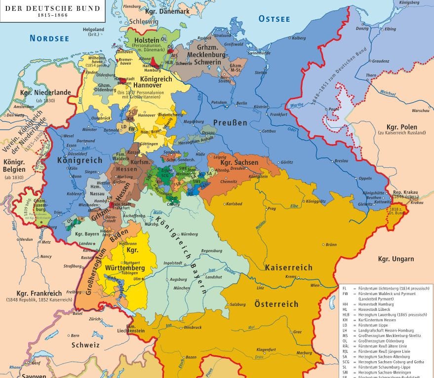 German Confederation, taken from https://en.wikipedia.org/wiki/German_Confederation#/media/File:Deutscher_Bund.svg