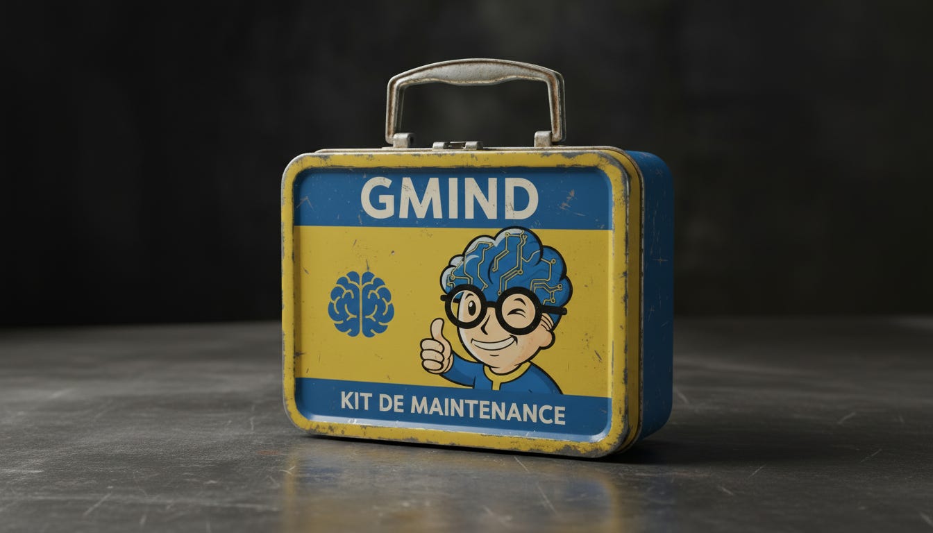 Une valise de survie métallique jaune et bleue aux couleurs de l'Abri GMIND, marquée "KIT DE MAINTENANCE", posée sur un sol industriel sombre. Le GMIND-BOY fait un clin d'œil avec le pouce levé sur le dessus de la valise.