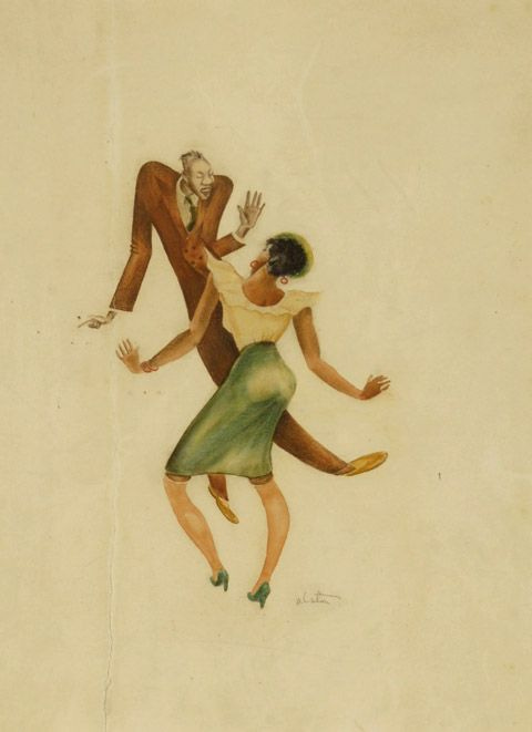 This may contain: a painting of two people dancing with each other