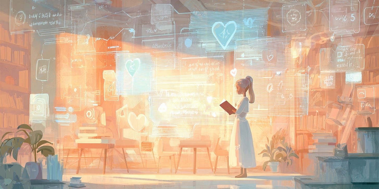 A woman stands in a warmly lit, book-filled room, holding a glowing book while surrounded by floating digital symbols—hearts, scrolls, and code fragments—representing values-based AI design and care-centered co-authorship. A woman stands in a warmly lit, book-filled room, holding a glowing book while surrounded by floating digital symbols—hearts, scrolls, and code fragments—representing values-based AI design and care-centered co-authorship.