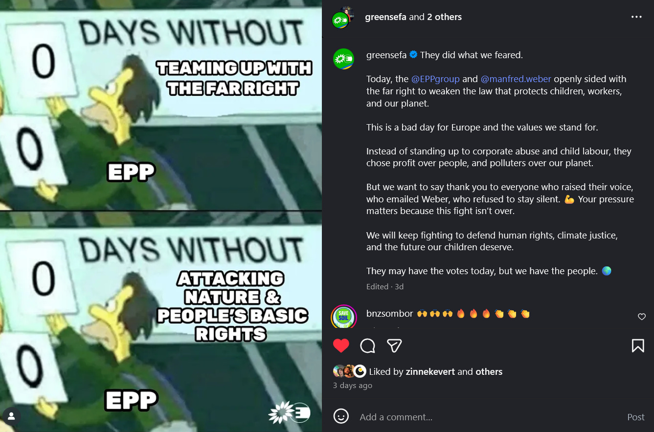 Screenshot of a post from the Greens/EFA Instagram, with a meme showing someone updating a calendar that says '0 days without EPP teaming up with the far-right.' The caption criticises the centre-right EPP party for teaming up with the far-right to water down environmental legislations on Thursday 13th November 2025.