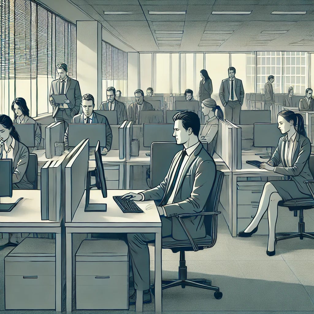 An office scene with dull, gray tones. Employees looking disengaged, staring at screens or into space, embodying the feeling of workplace ennui and disengagement.