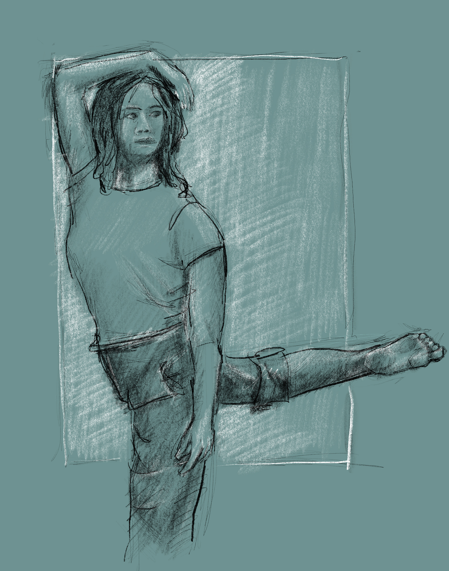 Sketch of a figure in a standing yoga pose with one arm raised overhead and one leg extended horizontally behind them, drawn in black line with white chalk highlights against a muted teal background. The drawing style is loose and gestural, capturing a moment of balanced movement.