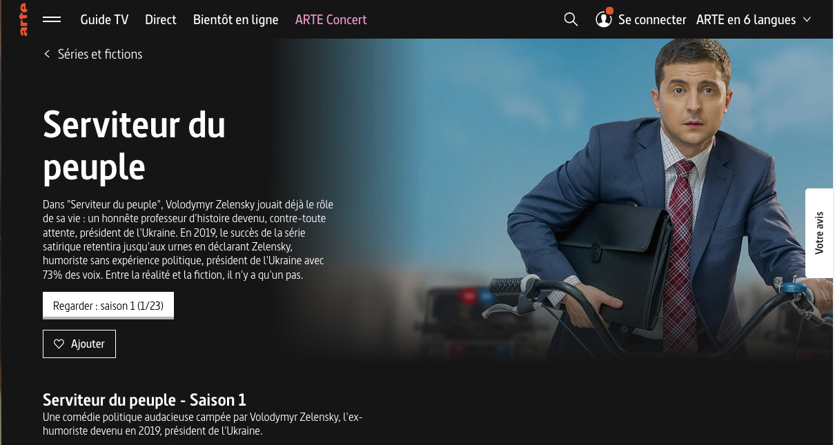 Image écran de la série Serviteur du peuple, Ukraine, 2019, diffusion sur Arte