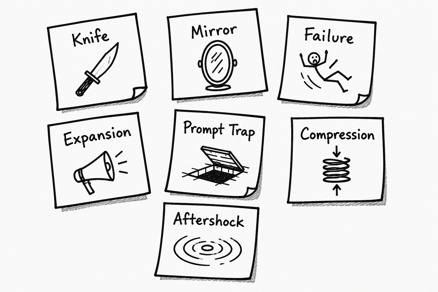 Seven hand-drawn sticky notes arranged in a cluster, each labeled with a Substack Notes extraction type and illustrated icon: Knife, Mirror, Failure, Expansion, Prompt Trap, Compression, and Aftershock. Reference card for the seven-type Notes extraction framework for content repurposing from a single newsletter post.