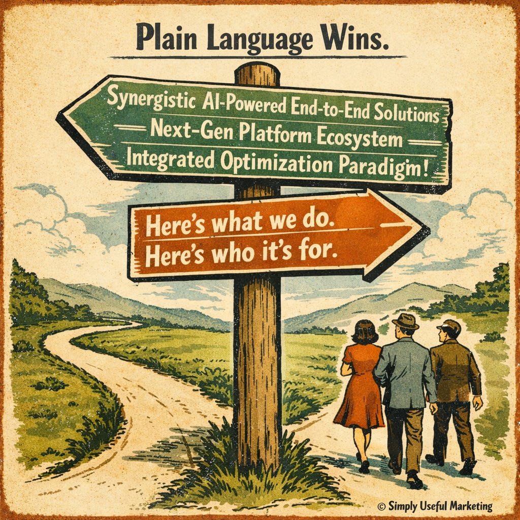Square vintage Guinness-style illustration of a wooden signpost at a fork in the road. One path is labeled with dense marketing jargon and cluttered words, while the other is cleanly labeled in plain language. A small group of people walks toward the clear, plain-language path, leaving the jargon path empty.