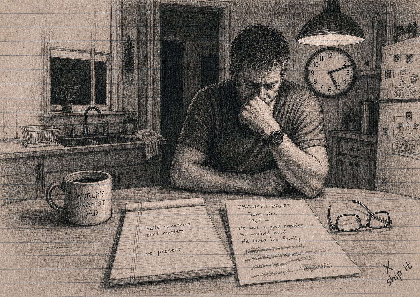A tired man sits alone at a kitchen table before sunrise, staring at a handwritten obituary draft beside a notebook that reads “build something that matters” and “be present,” while a wall clock shows 5:12 AM. A tired man sits alone at a kitchen table before sunrise, staring at a handwritten obituary draft beside a notebook that reads “build something that matters” and “be present,” while a wall clock shows 5:12 AM.