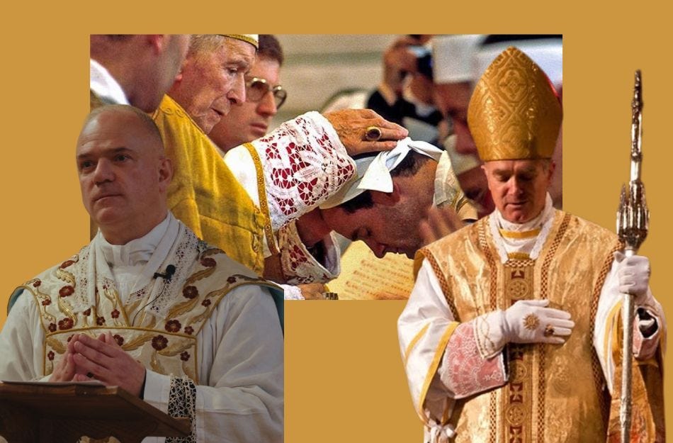 Top Center: Archbishop Lefebvre of the SSPX consecrates Bishops in 1988, Bottom left to right, Fr. Pagliarani & Bp.Fellay of the SSPX