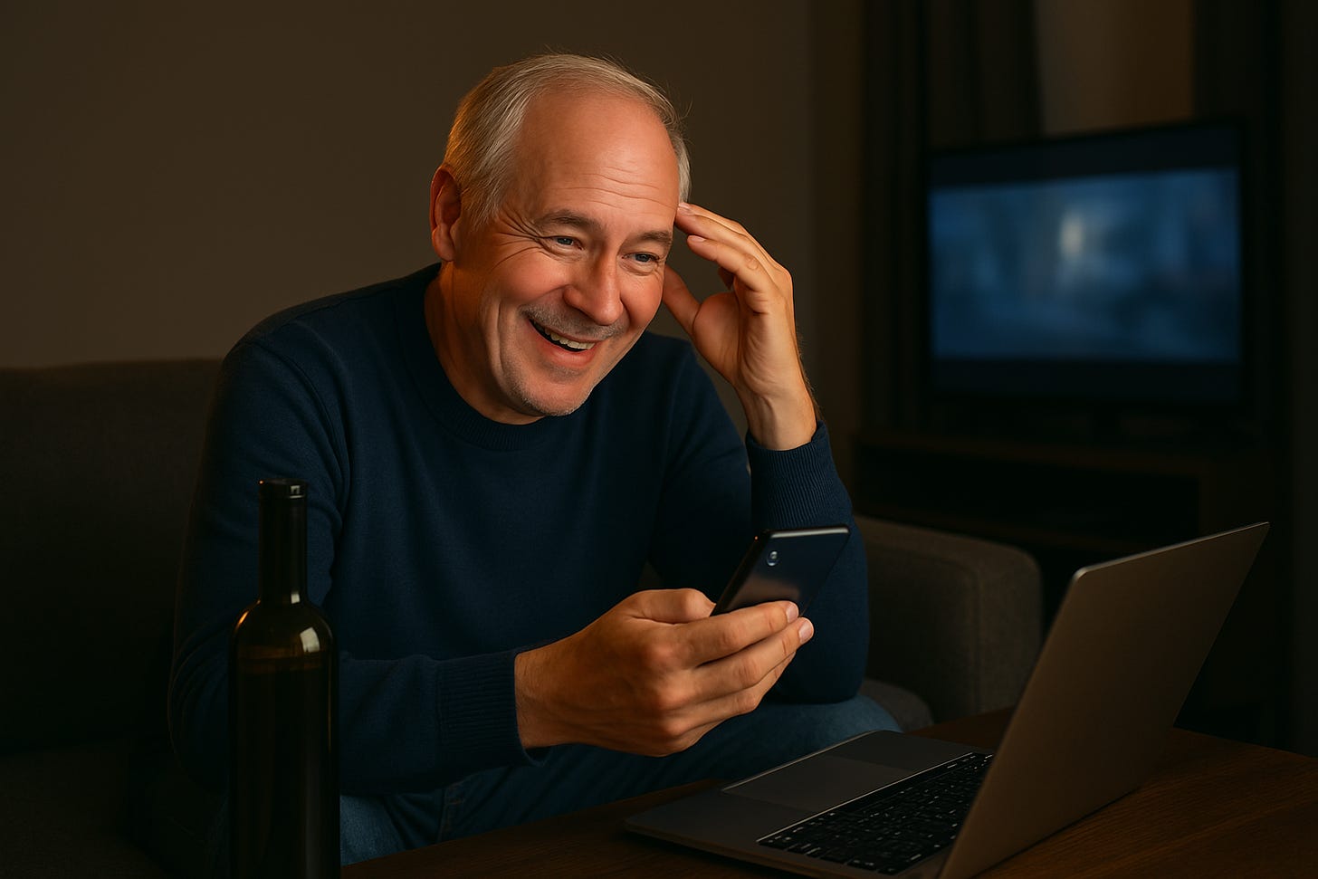 Older man in his 60s laughing while looking at his phone, sitting comfortably in a cozy living room with a laptop and wine bottle nearby.