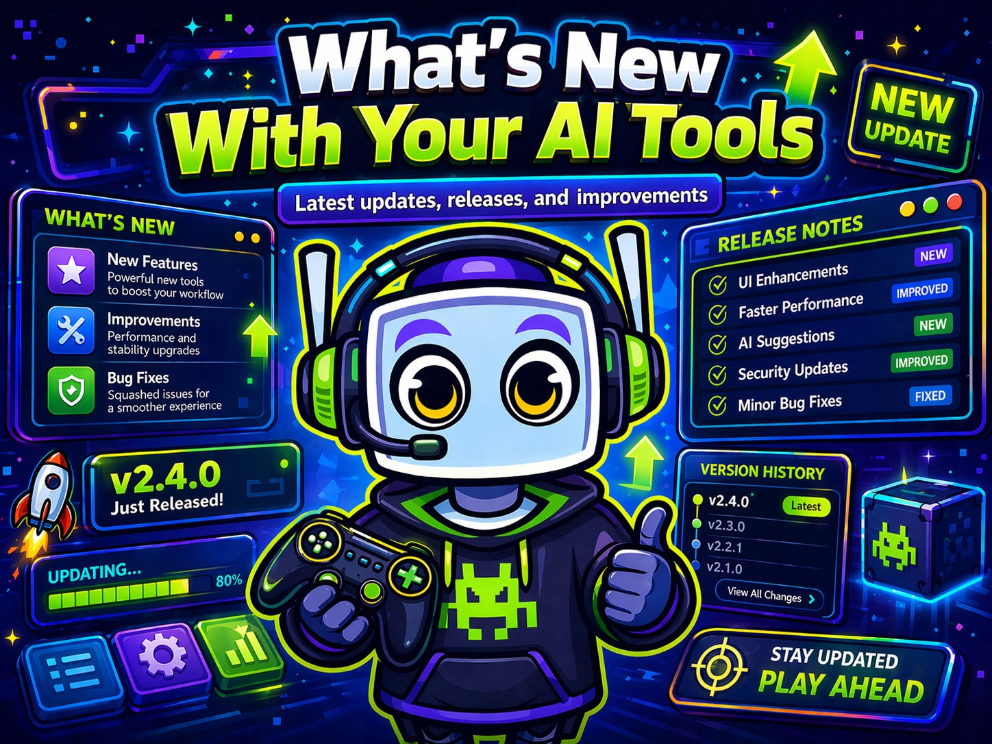 A cartoon-style 4:3 hero image for an AI tools changelog section. In the center, a cute gaming-themed NeuralBuddy robot wears a headset and dark hoodie with a neon green pixel icon, holding a game controller and giving a thumbs-up. Around the character are glowing update panels, release notes, version history, progress bars, arrows, and a “New Update” badge in bright neon green, blue, purple, and yellow. Large title text at the top reads “What’s New With Your AI Tools,” giving the image an energetic, playful software-update dashboard feel.