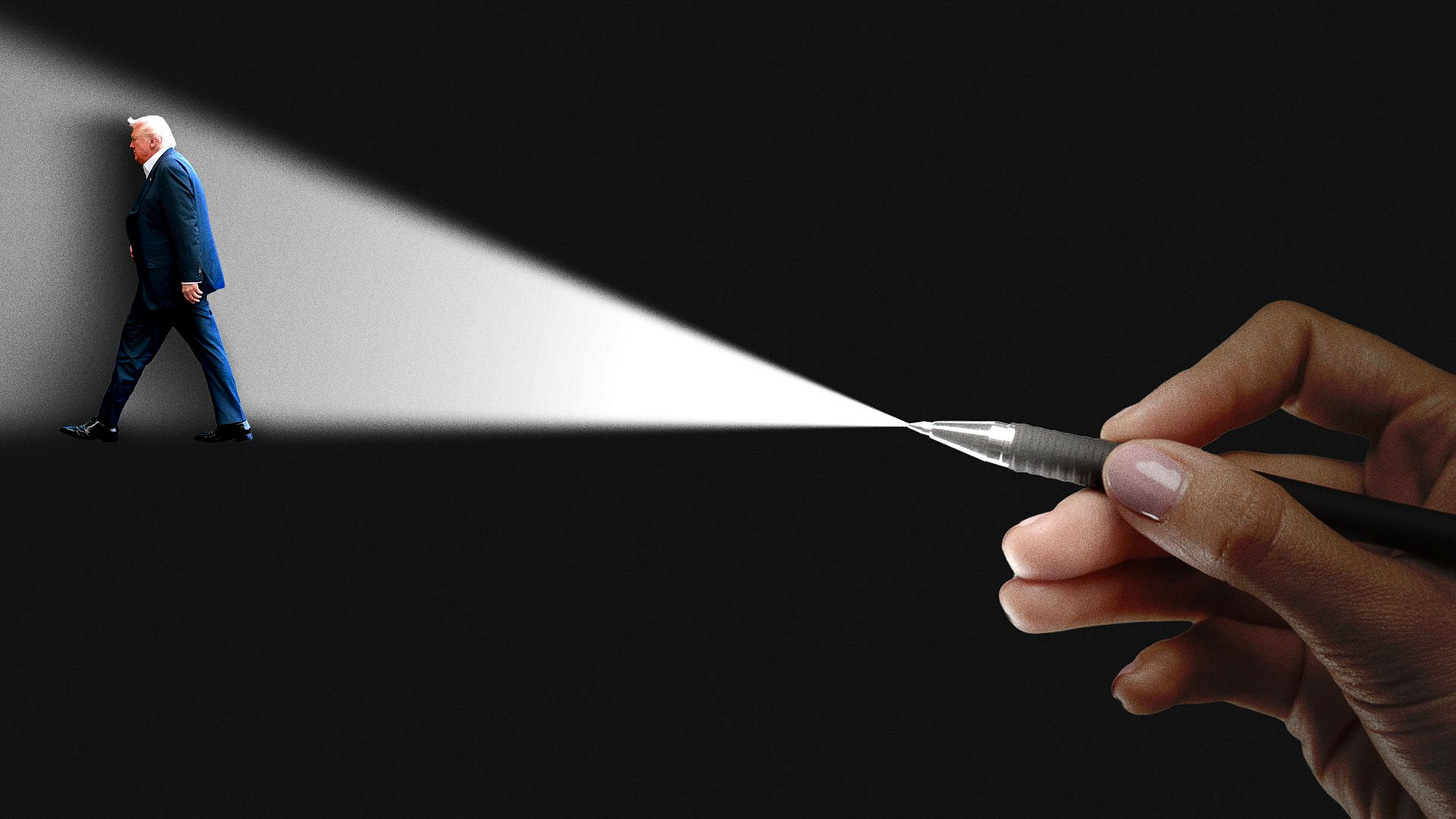 Photo illustration of Donald Trump walking in the beam of light being cast from a pen. 