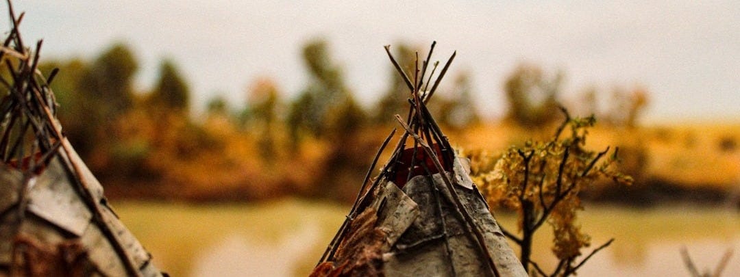 a group of teepee houses sitting next to a lake
