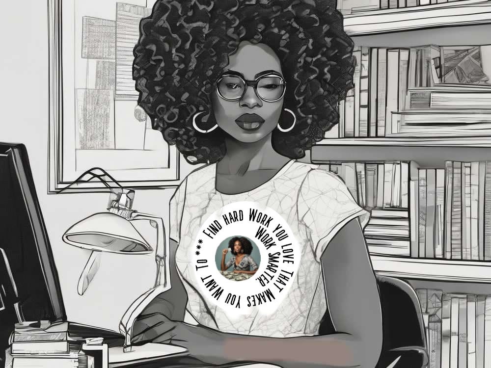 Black woman with large afro and hoop earrings in front of a laptop with a T-shirt on that says "Find hard work you love that makes you work smarter"
