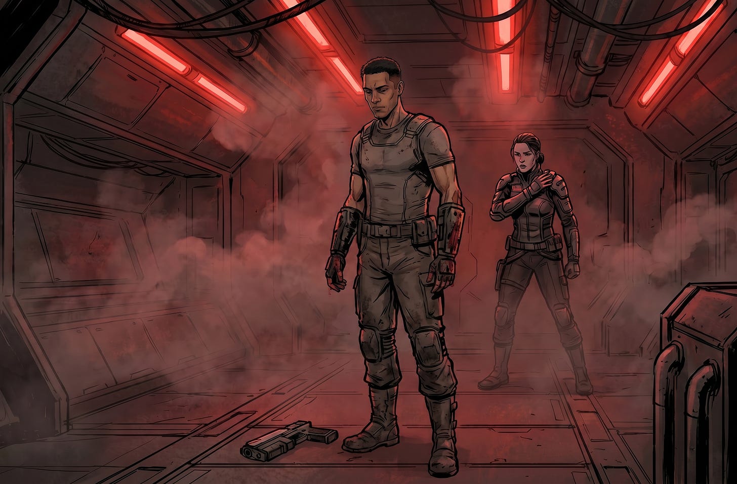 A lean, mixed-heritage soldier with close-cropped dark hair stands alone in a smoke-filled ship corridor lit red by emergency strips, his arms hanging at his sides and his stained hands held still as he looks down at them. A scatter pistol lies on the deck near his feet. Behind him, a woman in dark tactical gear stands with one hand pressed to a wound on her shoulder, watching him. Comic book illustration style. Story art for Kulvir Unleashed, a Sci-Fi Signals story.