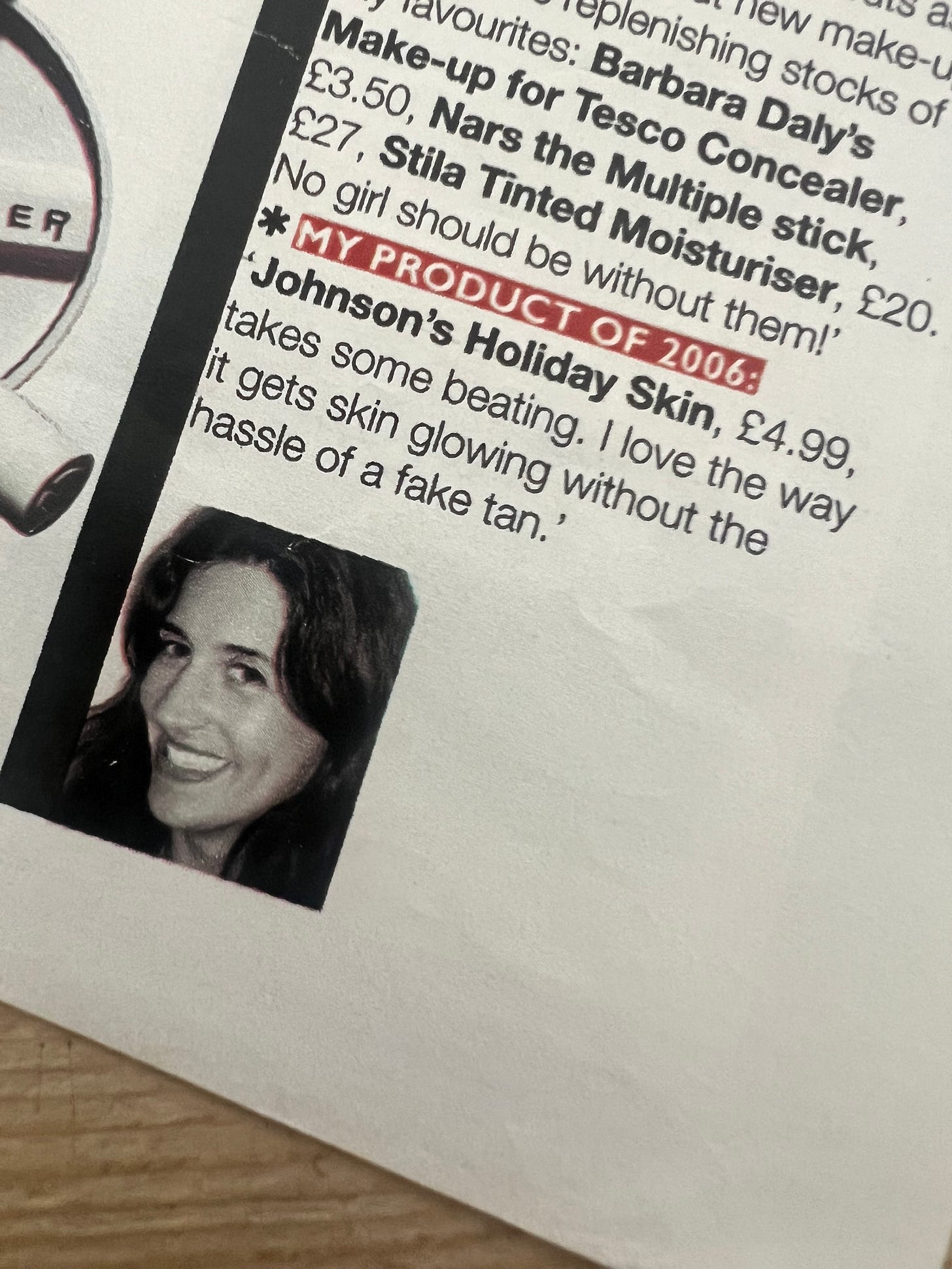 A picture of a tearsheet showing award-winning Beauty Editor Donna Francis in a 2006 issue of Grazia magazine saying that her Product of 2006 is Johnson's Holiday Skin