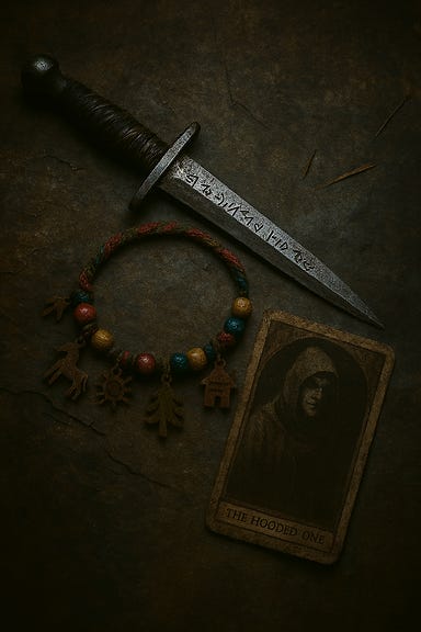 A bundle of items lies on a weathered stone surface. At the center is a child's bracelet, woven with faded thread and bright beads—red, blue, yellow, unevenly spaced. Tiny wooden charms dangle from it: a horse, a sun, a tree, a house, and a mask. Wrapped around the bracelet is a silvered dagger—thin, well-balanced, and etched with ancient warding runes. Nestled beside them is a worn Tarokka card: The Hooded One, its surface smudged and faded, evoking secrets and hidden identities. The atmosphere is quiet, mysterious, and filled with emotional weight. A bundle of items lies on a weathered stone surface. At the center is a child's bracelet, woven with faded thread and bright beads—red, blue, yellow, unevenly spaced. Tiny wooden charms dangle from it: a horse, a sun, a tree, a house, and a mask. Wrapped around the bracelet is a silvered dagger—thin, well-balanced, and etched with ancient warding runes. Nestled beside them is a worn Tarokka card: The Hooded One, its surface smudged and faded, evoking secrets and hidden identities. The atmosphere is quiet, mysterious, and filled with emotional weight.