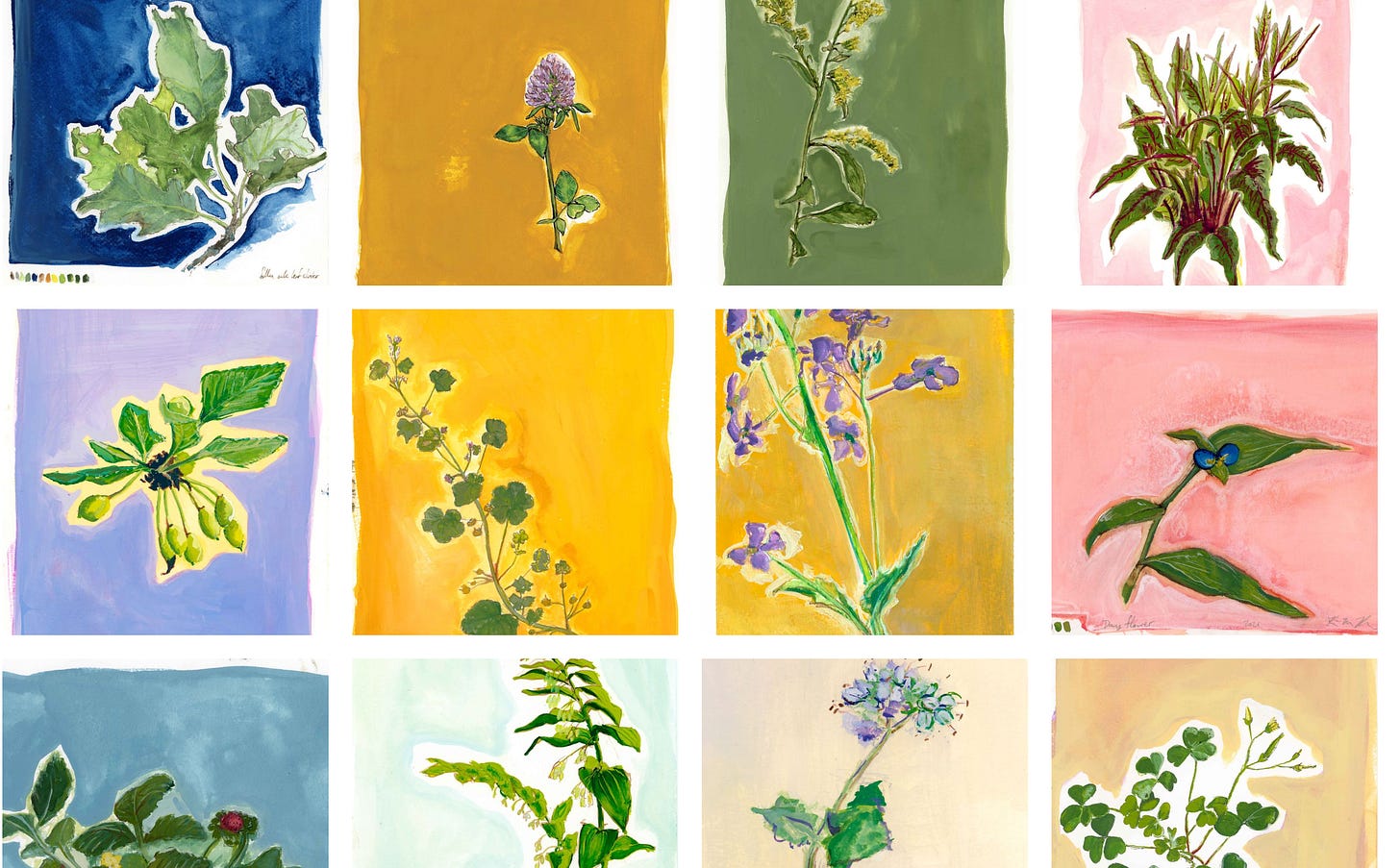 grid of several gouache paintings in vibrant colors.  grid of several gouache paintings in vibrant colors.