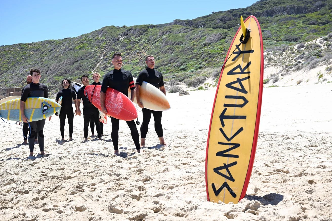 Surfer Gang on Beach Alt text: Group of surfers dressed in wetsuits standing together on a sandy beach, their boards in hand, gathered around a yellow board with “Sanctuary” written across it.